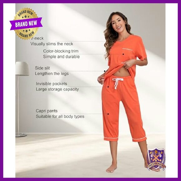 Women's 100% Cotton Pajama Set Short Sleeve Shirt Capri Pants Pockets - Picture 4 of 8
